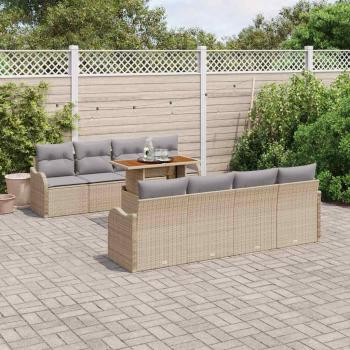 9-teiliges Garten-Sofaset mit Kissen Beige Poly-Rattan Akazie, 2-Sitzer Garten-Sofa mit Kissen Beige Poly-Rattan