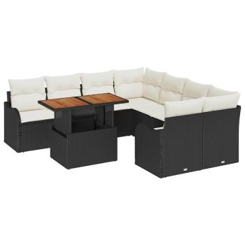 9-teilige Garten Sofa Set mit Kissen Schwarz Poly Rattan Akazie, 2-Sitzer Garten Sofa mit Kissen Schwarz Poly Rattan