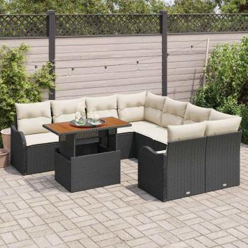 9-teilige Garten Sofa Set mit Kissen Schwarz Poly Rattan Akazie, 2-Sitzer Garten Sofa mit Kissen Schwarz Poly Rattan