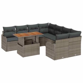 9-teiliges Garten-Sofa-Set mit Kissen Grau Poly Rattan Akazie, 2-Sitzer Garten-Sofa mit Kissen Grau Poly Rattan