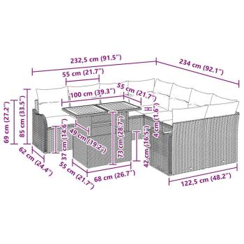 9-teiliges Garten-Sofa-Set mit Kissen Grau Poly Rattan Akazie, 2-Sitzer Garten-Sofa mit Kissen Grau Poly Rattan