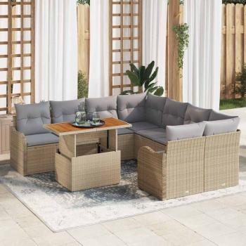 ARDEBO.de - 9-teilige Garten-Sofa Set mit Kissen Beige Poly Rattan Akazie, 2-Sitzer Garten-Sofa mit Kissen Beige Poly Rattan