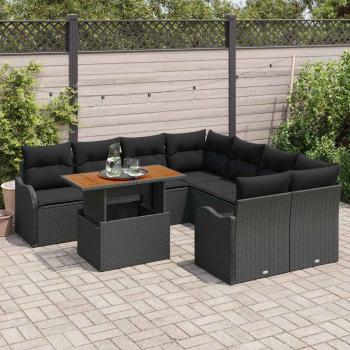 ARDEBO.de - 9-Teile Garten Sofa Set mit Kissen Schwarz Poly Rattan Akazie, 2-Sitzer Garten Sofa mit Kissen Schwarz Poly Rattan