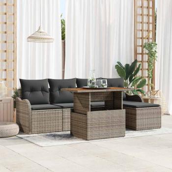 ARDEBO.de - 6-teiliges Garten-Sofa-Set mit Kissen Grau Poly Rattan Akazie, 2-Sitzer Garten-Sofa mit Kissen Grau Poly Rattan