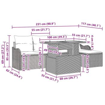 6-teiliges Garten-Sofa-Set mit Kissen Grau Poly Rattan Akazie, 2-Sitzer Garten-Sofa mit Kissen Grau Poly Rattan