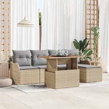 ARDEBO.de - 6-teiliges Garten Sofa Set mit Kissen Beige Poly Rattan Akazie, 2-Sitzer Garten Sofa mit Kissen Beige Poly Rattan