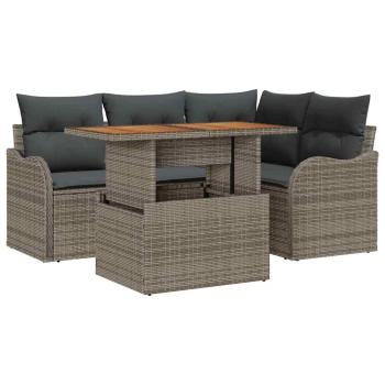 5-teiliges Garten Sofa Set mit Kissen Grau Poly Rattan Akazie, 2-Sitzer Garten Sofa mit Kissen Grau Poly Rattan