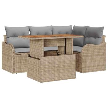 5-teiliges Garten Sofa Set mit Kissen Beige Poly Rattan Akazie, 2-Sitzer Garten Sofa mit Kissen Beige Poly Rattan