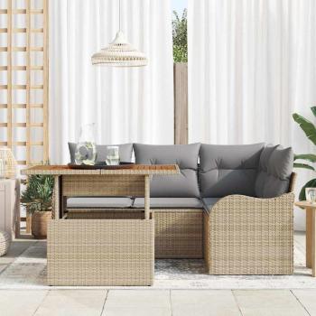 5-teiliges Garten Sofa Set mit Kissen Beige Poly Rattan Akazie, 2-Sitzer Garten Sofa mit Kissen Beige Poly Rattan