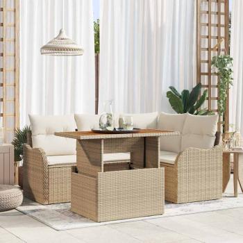 ARDEBO.de - 5-teiliges Garten Sofa Set mit Kissen Beige Poly Rattan Akazie, 2-Sitzer Garten Sofa mit Kissen Beige Poly Rattan
