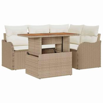 5-teiliges Garten Sofa Set mit Kissen Beige Poly Rattan Akazie, 2-Sitzer Garten Sofa mit Kissen Beige Poly Rattan