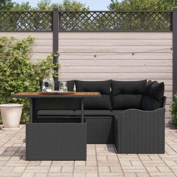 5-teiliges Garten Sofaset mit Kissen Schwarzes Poly Rattan Akazie, 2-Sitzer Garten Sofa mit Kissen Schwarzes Poly Rattan