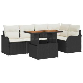 6-teiliges Garten-Sofa-Set mit Kissen Schwarz Poly-Rattan Akazie, 2-Sitzer Garten-Sofa mit Kissen Schwarz Poly-Rattan