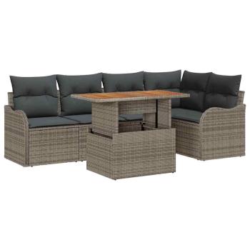 6-teiliges Garten Sofa Set mit Kissen in Grau aus Poly Rattan, 2-Sitzer Garten Sofa mit Kissen in Grau aus Poly Rattan