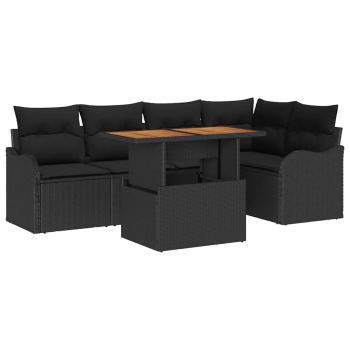 6-teiliges Garten Sofa Set mit Kissen Schwarz Poly Rattan Akazie, 2-Sitzer Garten Sofa mit Kissen Schwarz Poly Rattan