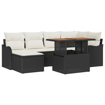 7-teiliges Garten Sofaset mit Kissen Schwarz Poly-Rattan Akazie, 2-Sitzer Garten Sofa mit Kissen Schwarz Poly-Rattan