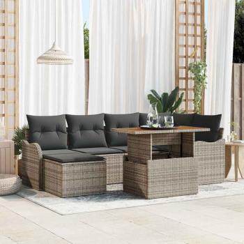 ARDEBO.de - 7-teiliges Garten Sofa Set mit Kissen Grau Poly Rattan Akazie, 2-Sitzer Garten Sofa mit Kissen Grau Poly Rattan