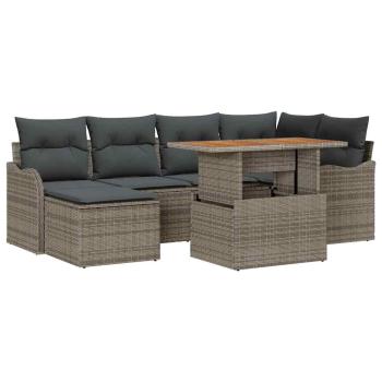 7-teiliges Garten Sofa Set mit Kissen Grau Poly Rattan Akazie, 2-Sitzer Garten Sofa mit Kissen Grau Poly Rattan