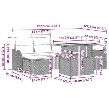 7-teiliges Garten Sofa Set mit Kissen Grau Poly Rattan Akazie, 2-Sitzer Garten Sofa mit Kissen Grau Poly Rattan