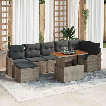 ARDEBO.de - 8-teiliges Garten Sofa Set mit Kissen Grau Poly Rattan Akazie, 2-Sitzer Garten Sofa mit Kissen Grau Poly Rattan