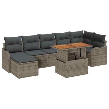 8-teiliges Garten Sofa Set mit Kissen Grau Poly Rattan Akazie, 2-Sitzer Garten Sofa mit Kissen Grau Poly Rattan