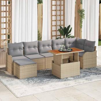 ARDEBO.de - 8-teiliges Garten Sofa Set mit Kissen in Beige, Poly Rattan und Akazie, 2-Sitzer Garten Sofa mit Kissen in Beige, Poly Rattan