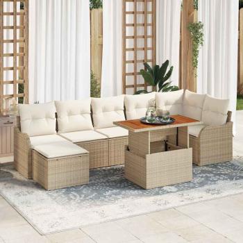 ARDEBO.de - 8-teiliges Garten-Sofa-Set mit Kissen Beige Poly Rattan Akazie, 2-Sitzer Garten-Sofa mit Kissen Beige Poly Rattan