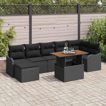 ARDEBO.de - 8-teiliges Garten-Sofa-Set mit Kissen in Schwarz aus Poly Rattan Akazie, 2-Sitzer Garten-Sofa mit Kissen in Schwarz aus Poly Rattan