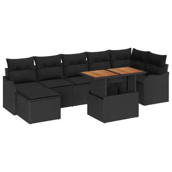 8-teiliges Garten-Sofa-Set mit Kissen in Schwarz aus Poly Rattan Akazie, 2-Sitzer Garten-Sofa mit Kissen in Schwarz aus Poly Rattan