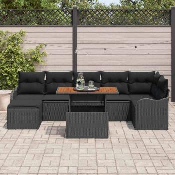 8-teiliges Garten-Sofa-Set mit Kissen in Schwarz aus Poly Rattan Akazie, 2-Sitzer Garten-Sofa mit Kissen in Schwarz aus Poly Rattan