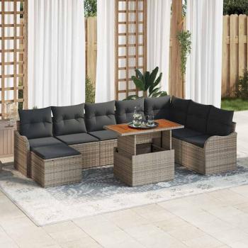 ARDEBO.de - 9tlg. Garten Sofa Set mit Kissen Grau Poly Rattan Akazie, 2-Sitzer Garten Sofa mit Kissen Grau Poly Rattan
