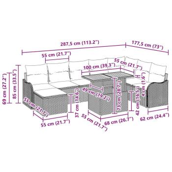 9tlg. Garten Sofa Set mit Kissen Grau Poly Rattan Akazie, 2-Sitzer Garten Sofa mit Kissen Grau Poly Rattan