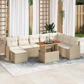 ARDEBO.de - 9-teiliges Garten Sofa Set mit Kissen Beige Poly Rattan Akazie, 2-Sitzer Garten Sofa mit Kissen Beige Poly Rattan