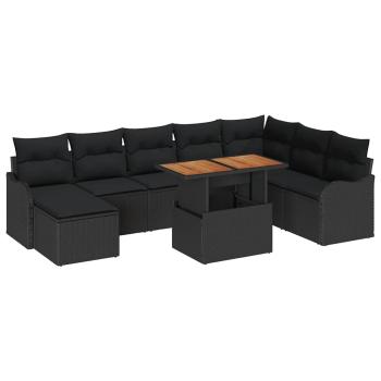 9-teiliges Garten Sofaset mit Kissen Schwarz Poly-Rattan Akazie, 2-Sitzer Garten Sofaset mit Kissen Schwarz Poly-Rattan