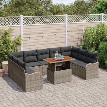 10-teiliges Garten Sofa Set mit Kissen Grau Poly Rattan Akazie, 2-Sitzer Garten Sofa mit Kissen Grau Poly Rattan