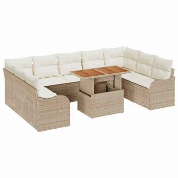 10-teiliges Garten Sofa Set mit Kissen Beige Poly Rattan Akazie, 2-Sitzer Garten Sofa mit Kissen Beige Poly Rattan