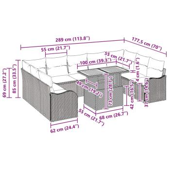 10-teiliges Garten Sofa Set mit Kissen Beige Poly Rattan Akazie, 2-Sitzer Garten Sofa mit Kissen Beige Poly Rattan