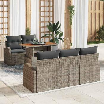 ARDEBO.de - 6-teiliges Garten-Ess-Set mit Kissen Grau Poly Rattan Akazie