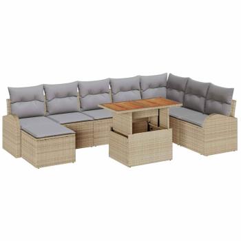 9-teiliges Garten Essset mit Kissen Beige Poly Rattan Akazie