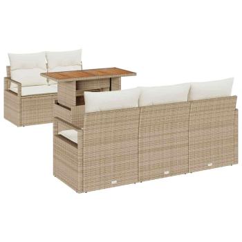 6-teiliges Garten Sofa Set mit Kissen Beige Poly Rattan Akazie, 2-Sitzer Garten Sofa mit Kissen Beige Poly Rattan