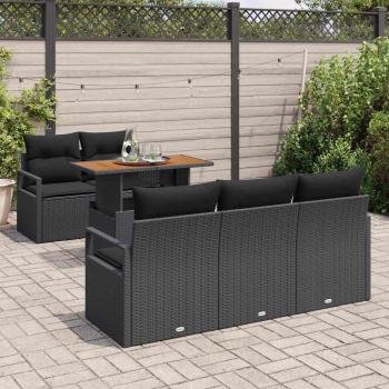 6-teiliges Garten-Sofa-Set mit Kissen Schwarz Poly-Rattan Akazie, 2-Sitzer Garten-Sofa mit Kissen Schwarz Poly-Rattan