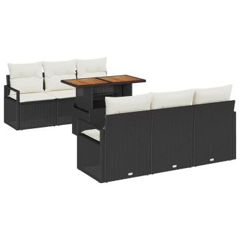 7-teiliges Garten-Sofa-Set mit Kissen Schwarz Poly Rattan Akazie, 2-Sitzer Garten-Sofa mit Kissen Schwarz Poly Rattan