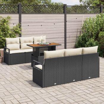 7-teiliges Garten-Sofa-Set mit Kissen Schwarz Poly Rattan Akazie, 2-Sitzer Garten-Sofa mit Kissen Schwarz Poly Rattan