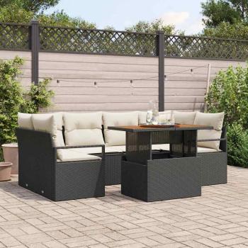 ARDEBO.de - 7-teiliges Garten-Sofa-Set mit Kissen Schwarz Poly-Rattan Akazie, 2-Sitzer Garten-Sofa mit Kissen Schwarz Poly-Rattan