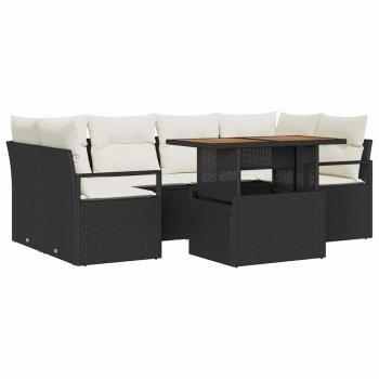 7-teiliges Garten-Sofa-Set mit Kissen Schwarz Poly-Rattan Akazie, 2-Sitzer Garten-Sofa mit Kissen Schwarz Poly-Rattan
