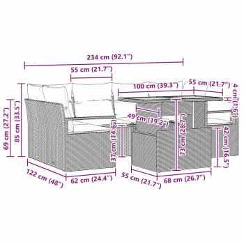 7-teiliges Garten-Sofa-Set mit Kissen Schwarz Poly-Rattan Akazie, 2-Sitzer Garten-Sofa mit Kissen Schwarz Poly-Rattan