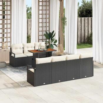 ARDEBO.de - 8-teiliges Garten-Sofa-Set mit Kissen Schwarz Poly Rattan Akazie, 2-Sitzer Garten-Sofa mit Kissen Schwarz Poly Rattan