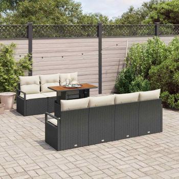 8-teiliges Garten-Sofa-Set mit Kissen Schwarz Poly Rattan Akazie, 2-Sitzer Garten-Sofa mit Kissen Schwarz Poly Rattan