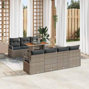 ARDEBO.de - 8-teiliges Garten Sofa Set mit Kissen Grau Poly Rattan Akazie, 2-Sitzer Garten Sofa mit Kissen Grau Poly Rattan