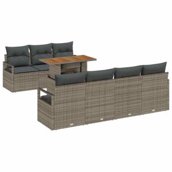 8-teiliges Garten Sofa Set mit Kissen Grau Poly Rattan Akazie, 2-Sitzer Garten Sofa mit Kissen Grau Poly Rattan